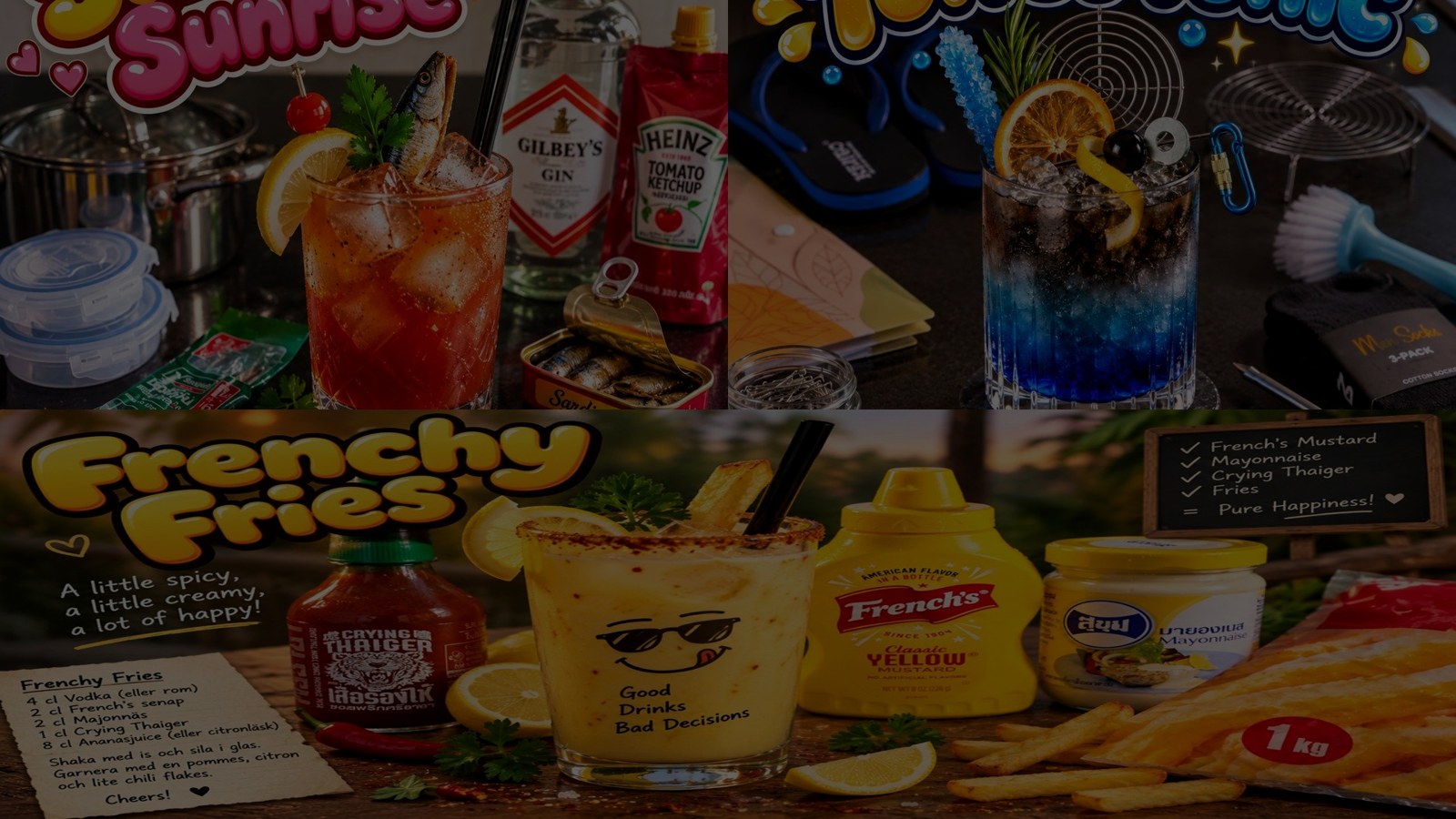 The signature drink collection with colorful lettering and pantry ingredients