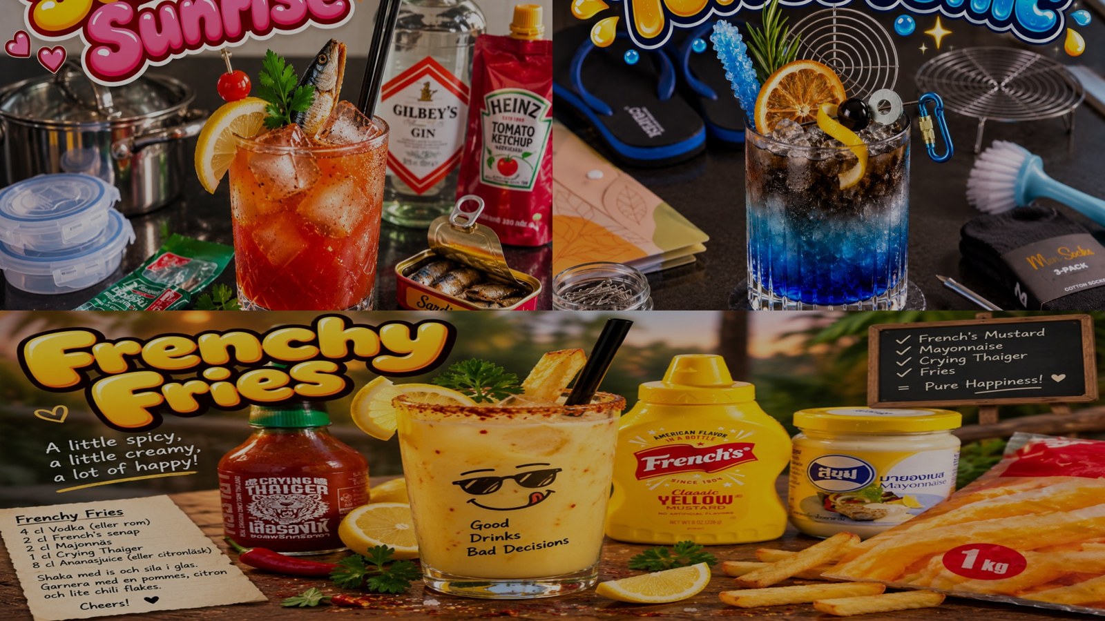 Collage of the three colorful signature drinks and their playful ingredient styling