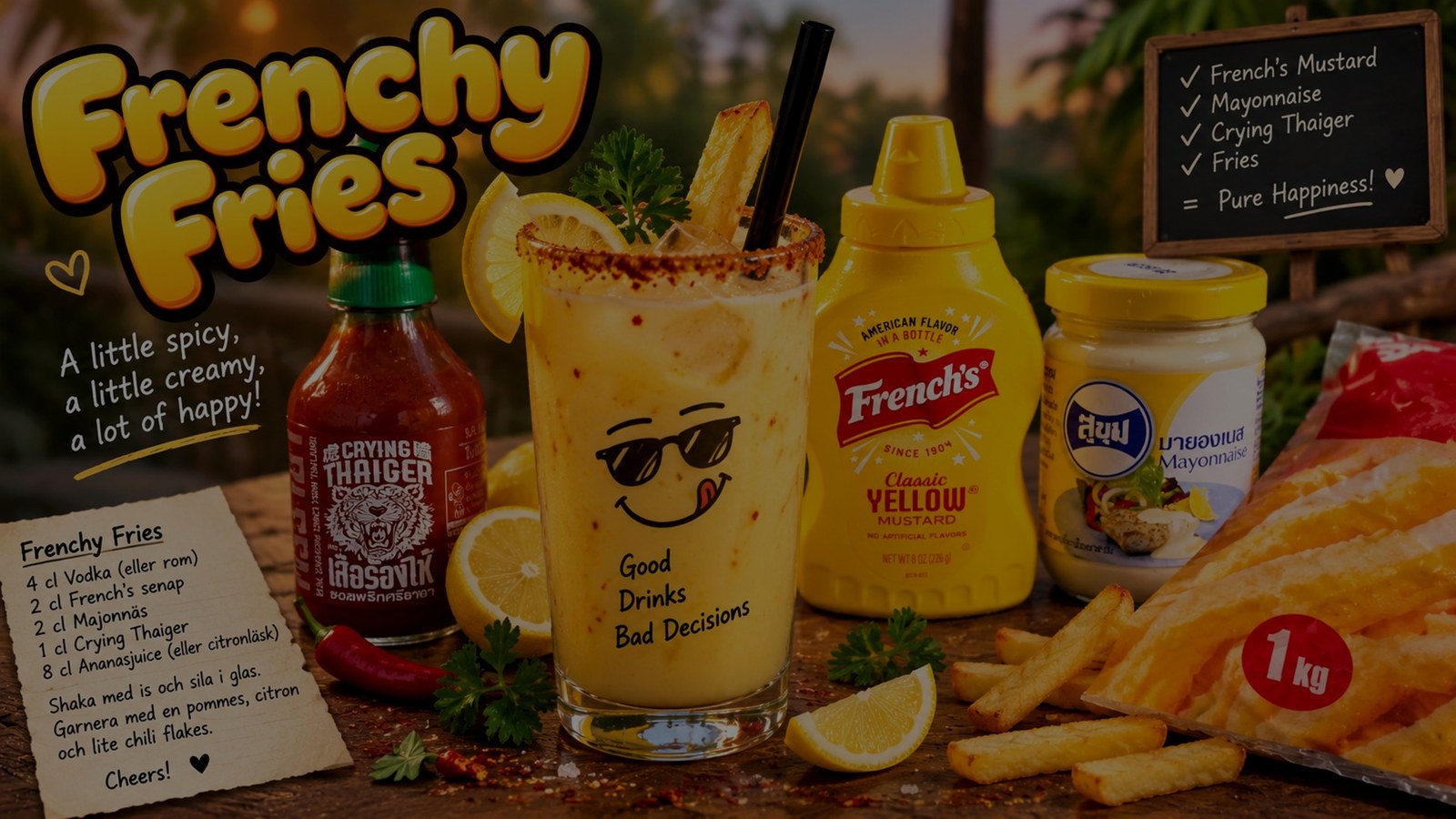 Golden Frenchy Fries cocktail with fries, sauces and a chili rim