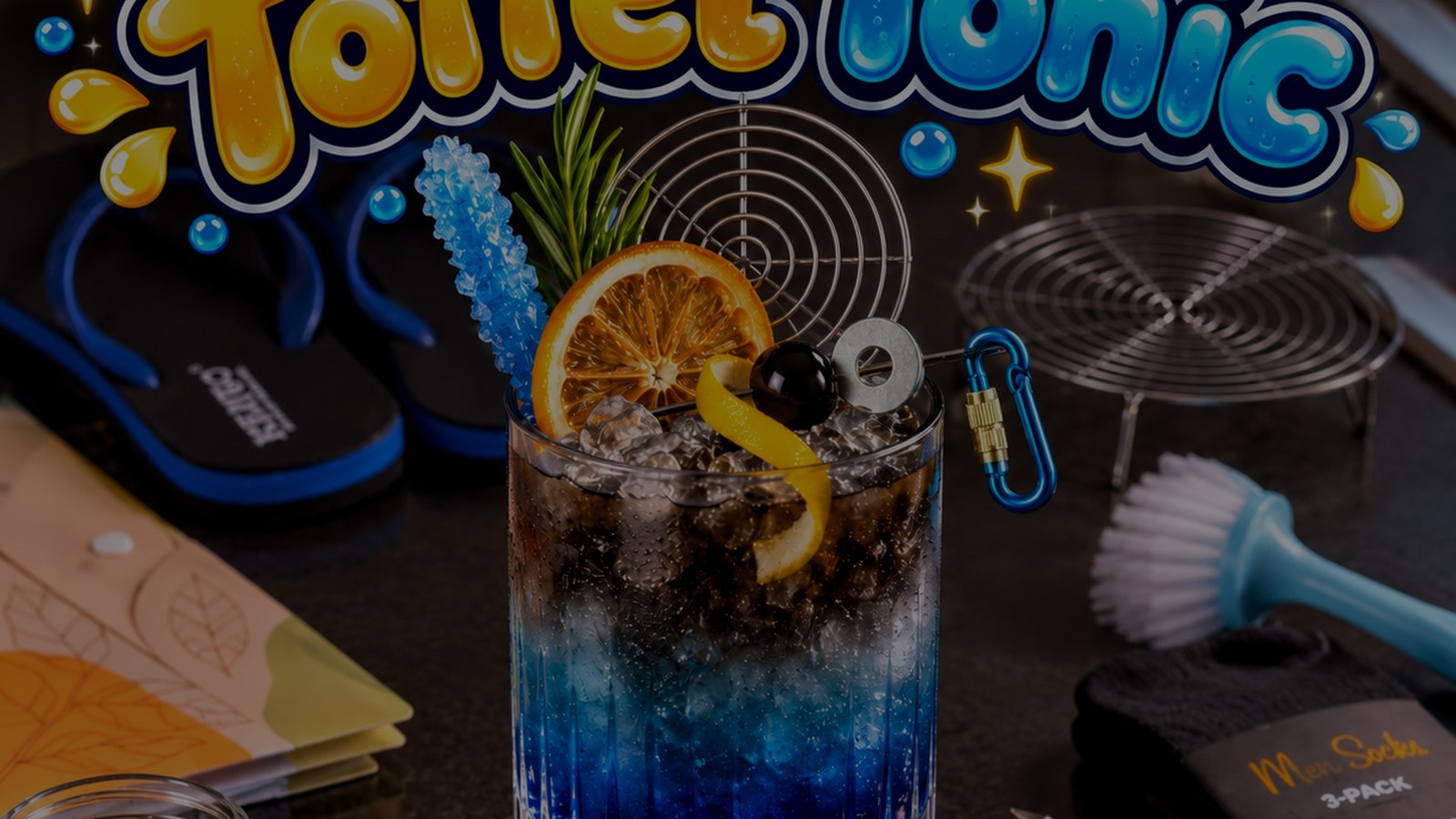 Electric blue Toffel Tonic with orange, rosemary and decorative hardware styling